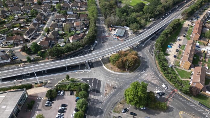 Aerial view of the Gallows Corner flyover and roundabout after completion of the refurbishment works, Havering, east London. Image: Transport for London.