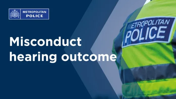 Metropolitan Police graphic announcing a misconduct hearing outcome, showing an officer's high-visibility vest