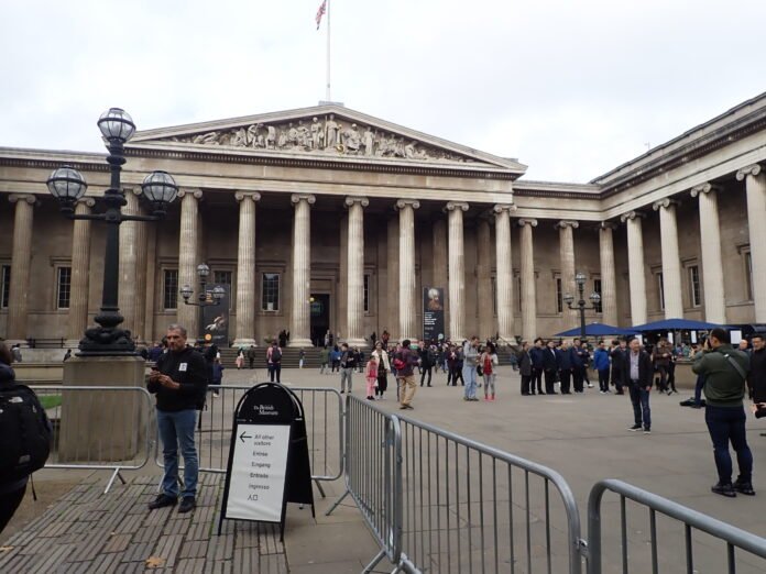 The British Museum facade on Great Russell Street, Bloomsbury