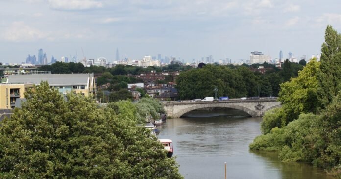 Kew Bridge over the River Thames in west London.