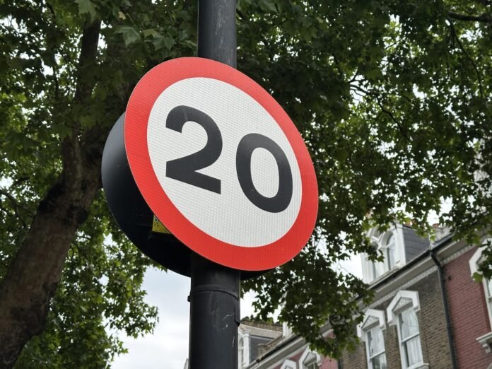 20mph speed limit sign on Old Brompton Road in London