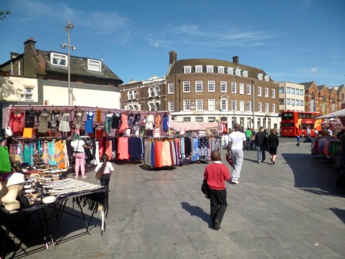 Street market in Barking Town Centre, where the London Cycling Festival Barking event takes place
