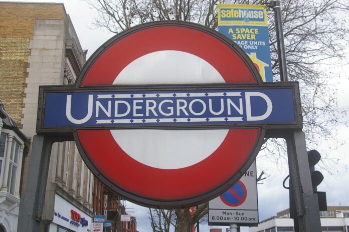 London Underground roundel at Turnpike Lane station on the Piccadilly line, affected by London Tube weekend closures