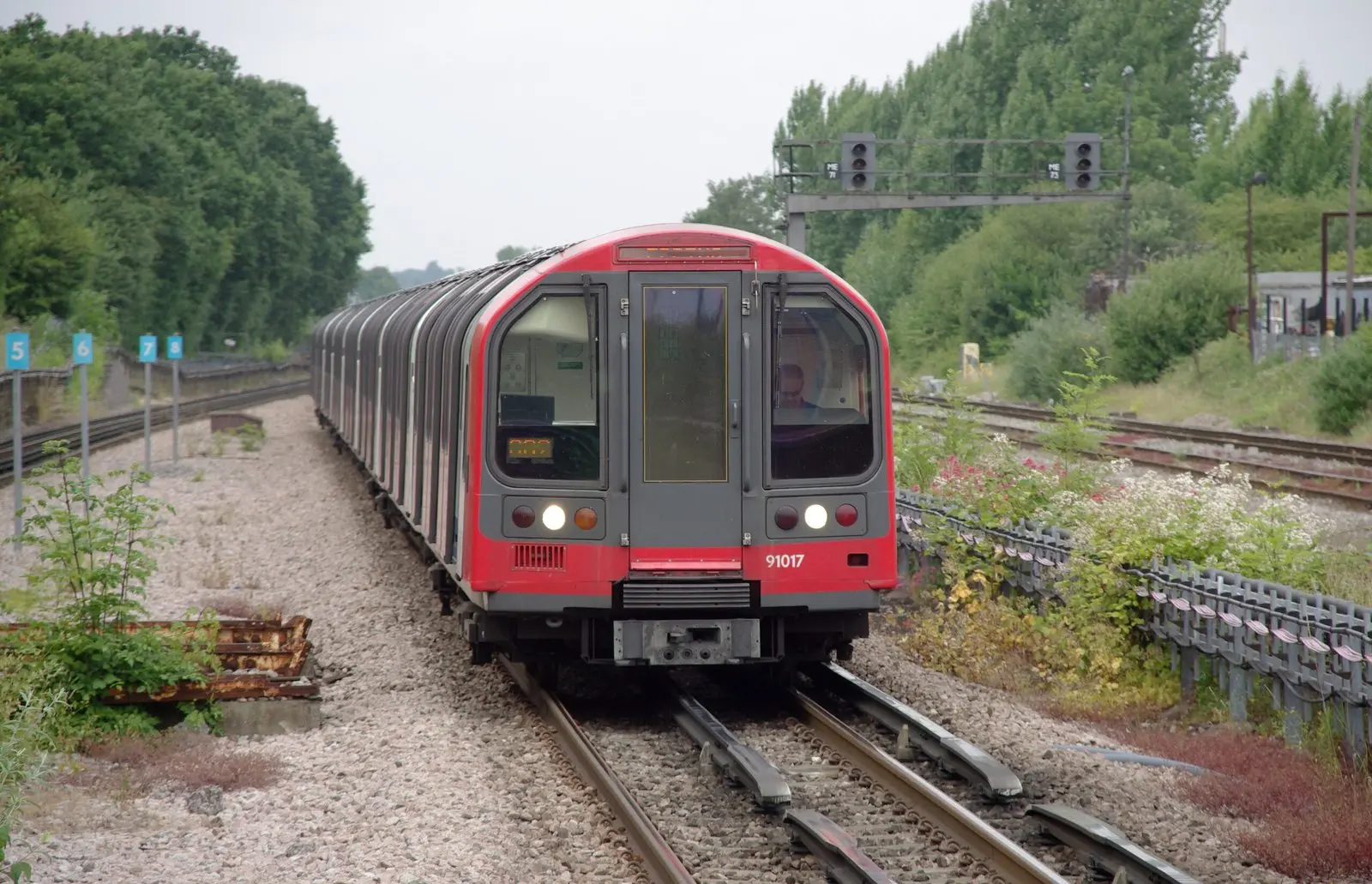 A Central line train arriving at South Ruislip station