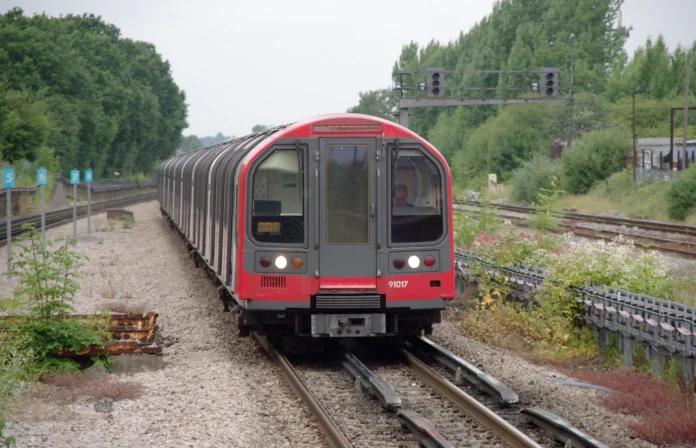 A Central line train arriving at South Ruislip station