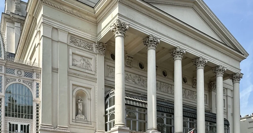 The Royal Opera House in Covent Garden, London, with its columned Bow Street frontage