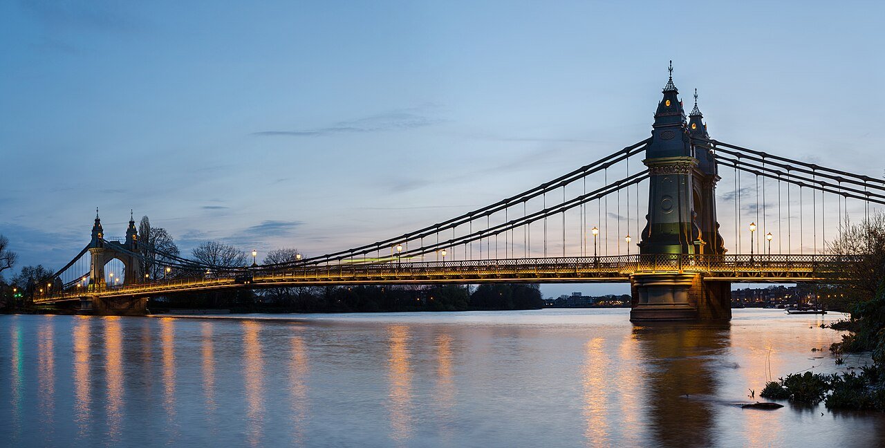 General view of Hammersmith Bridge and the River Thames in west London, near Chancellors Road