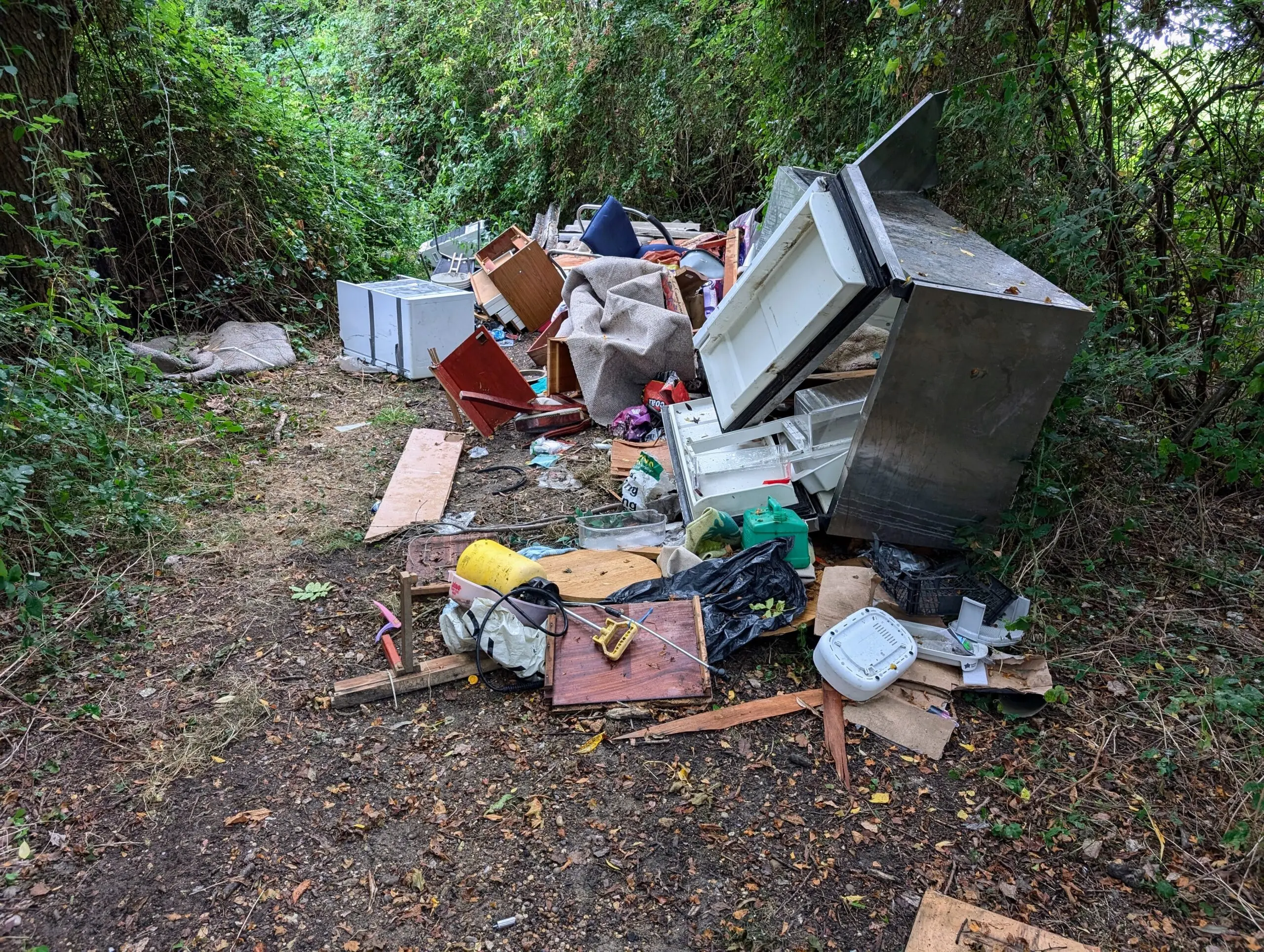 Fly-tipped rubbish dumped in a woodland area