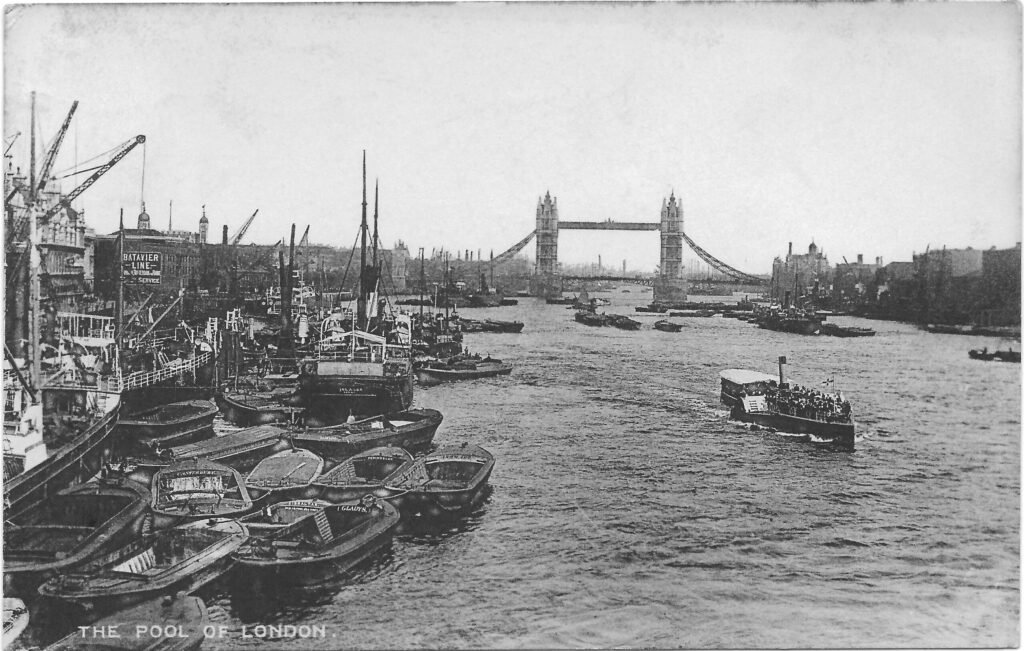 The Pool of London with Tower Bridge and river traffic, 1938
