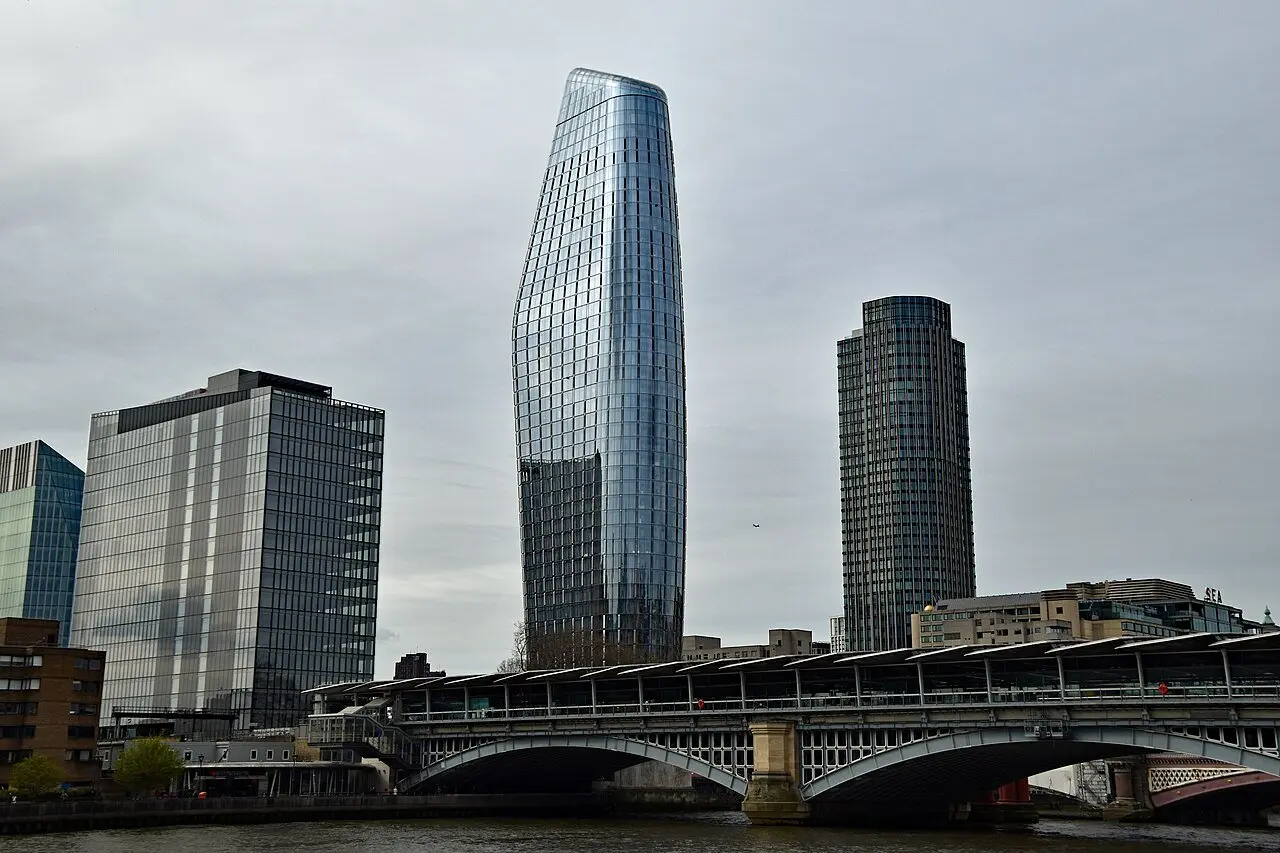 One Blackfriars tower on the south bank of the River Thames in Southwark, seen across Blackfriars railway bridge